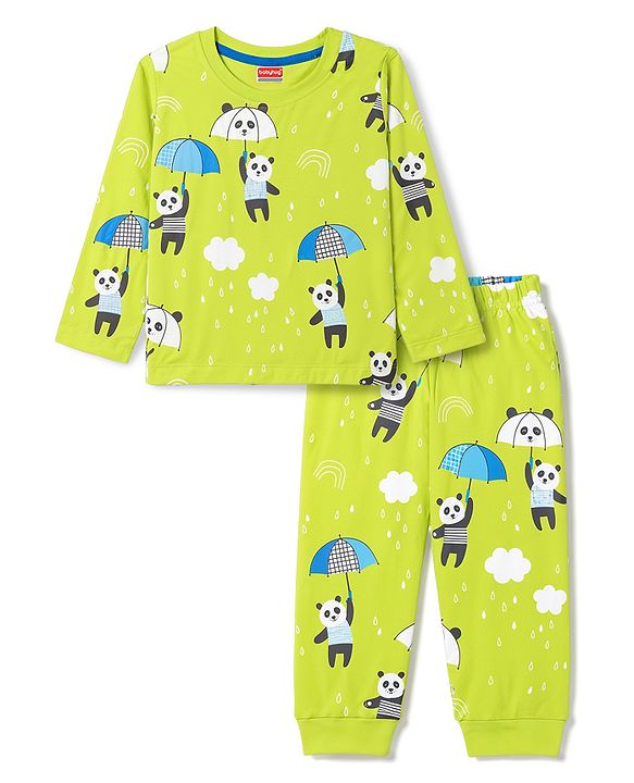 Babyhug 100% Cotton Knit Full Sleeves T-Shirt & Pyjama Night Suit With Panda Print- Green