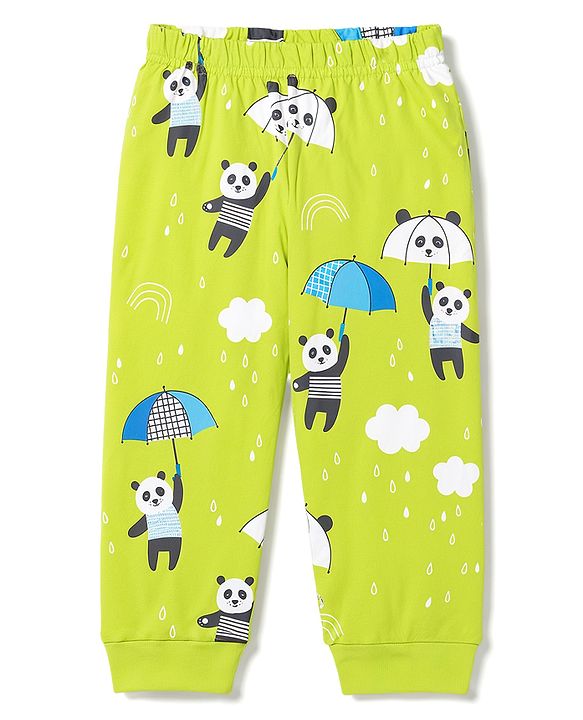Babyhug 100% Cotton Knit Full Sleeves T-Shirt & Pyjama Night Suit With Panda Print- Green