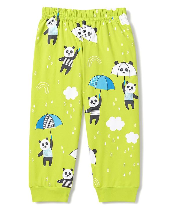Babyhug 100% Cotton Knit Full Sleeves T-Shirt & Pyjama Night Suit With Panda Print- Green