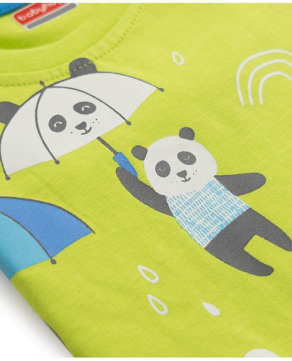 Babyhug 100% Cotton Knit Full Sleeves T-Shirt & Pyjama Night Suit With Panda Print- Green