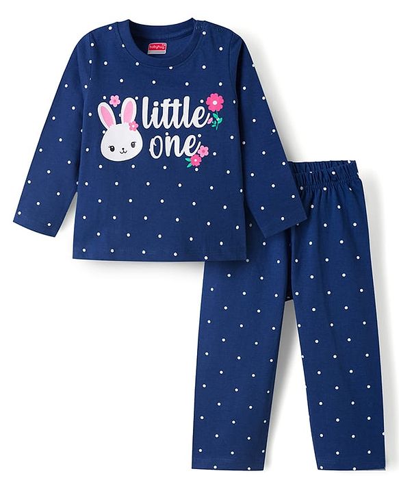 Babyhug 100% Cotton Knit Full Sleeves Bunny & Polka Dot Printed T-Shirt & Pyjama Night Suit - Navy