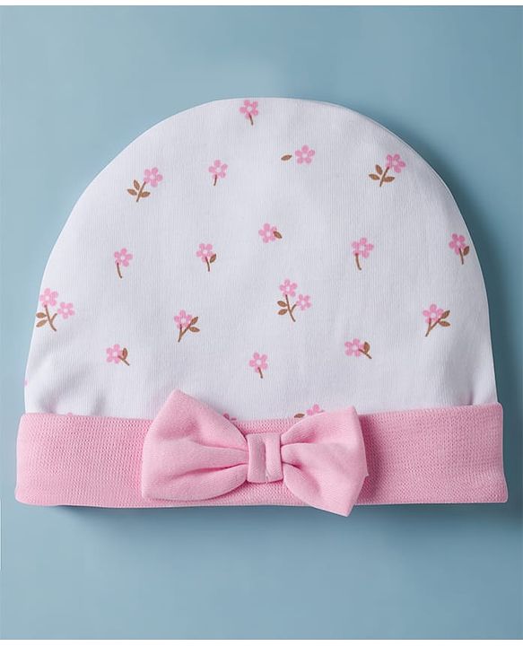 Babyhug 100% Cotton Interlock Knit Cap Mittens & Booties Set With Floral Print & Bow Applique White - Diameter 14 cm
