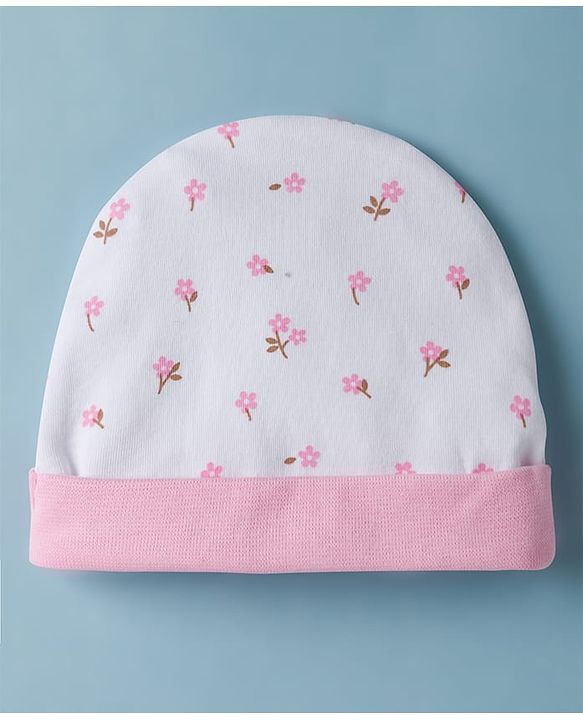 Babyhug 100% Cotton Interlock Knit Cap Mittens & Booties Set With Floral Print & Bow Applique White - Diameter 14 cm