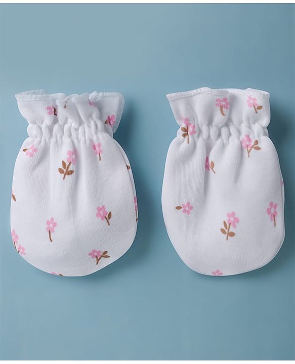 Babyhug 100% Cotton Interlock Knit Cap Mittens & Booties Set With Floral Print & Bow Applique White - Diameter 14 cm