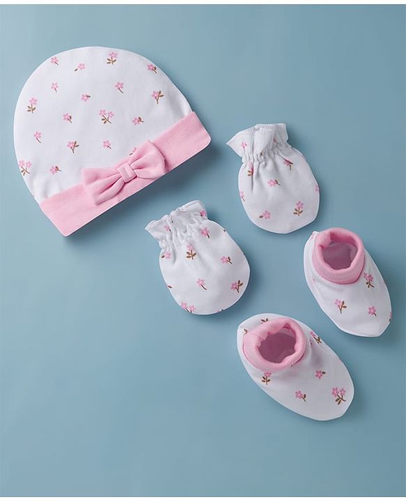 Babyhug 100% Cotton Interlock Knit Cap Mittens & Booties Set With Floral Print & Bow Applique White - Diameter 14 cm