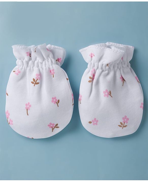 Babyhug 100% Cotton Interlock Knit Cap Mittens & Booties Set With Floral Print & Bow Applique White - Diameter 14 cm