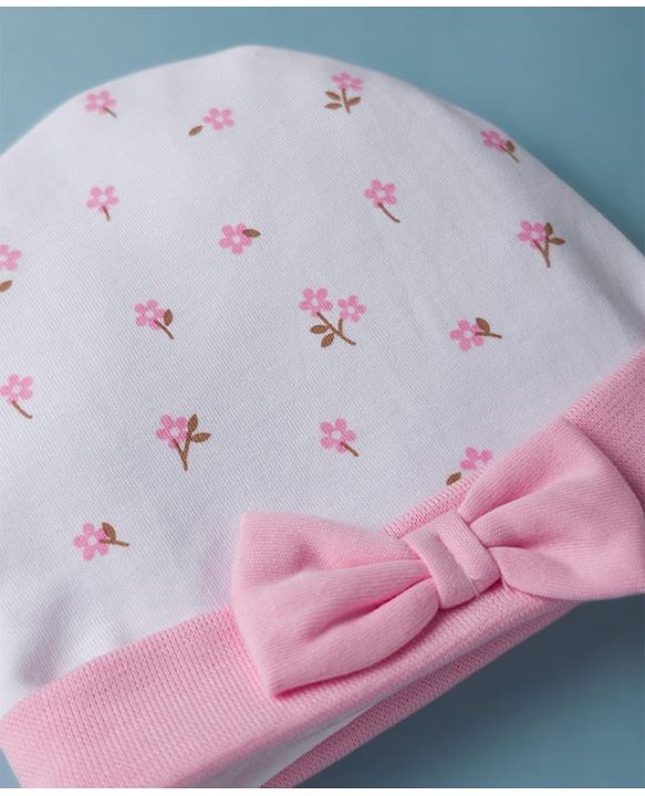 Babyhug 100% Cotton Interlock Knit Cap Mittens & Booties Set With Floral Print & Bow Applique White - Diameter 14 cm