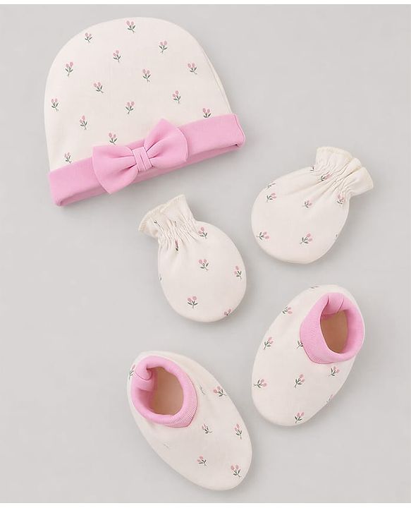 Babyhug 100% Cotton Interlock Knit Cap Mittens & Booties Set With Floral Print & Bow Applique Off White - Diameter 15.5 cm