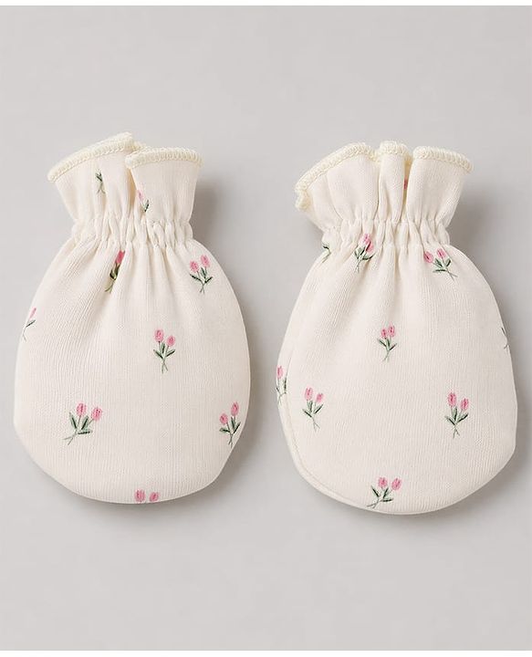Babyhug 100% Cotton Interlock Knit Cap Mittens & Booties Set With Floral Print & Bow Applique Off White - Diameter 15.5 cm
