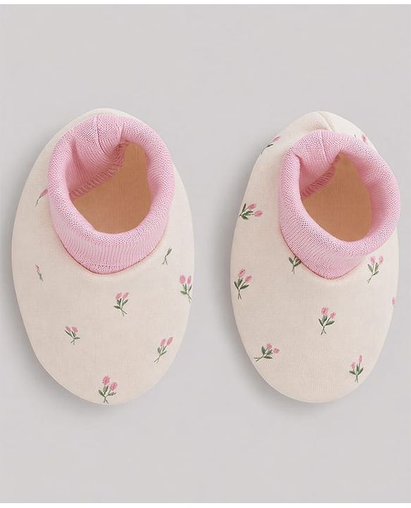 Babyhug 100% Cotton Interlock Knit Cap Mittens & Booties Set With Floral Print & Bow Applique Off White - Diameter 15.5 cm