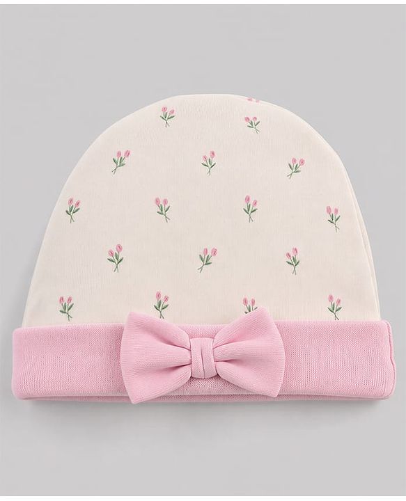 Babyhug 100% Cotton Interlock Knit Cap Mittens & Booties Set With Floral Print & Bow Applique Off White - Diameter 15.5 cm
