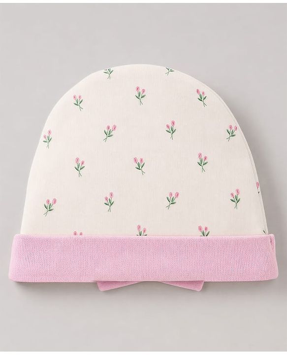 Babyhug 100% Cotton Interlock Knit Cap Mittens & Booties Set With Floral Print & Bow Applique Off White - Diameter 15.5 cm