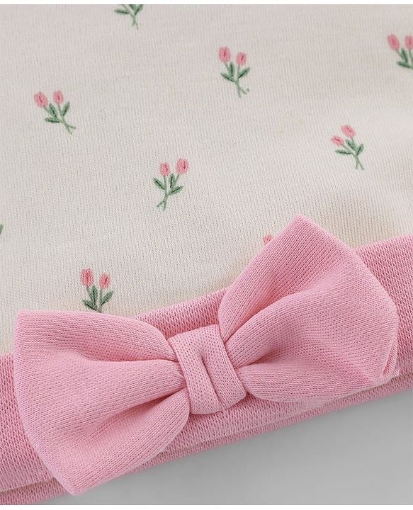 Babyhug 100% Cotton Interlock Knit Cap Mittens & Booties Set With Floral Print & Bow Applique Off White - Diameter 15.5 cm