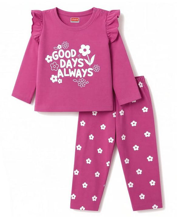 Babyhug 100% Cotton Knit Full Sleeves T-Shirt & Pyjama Night Suit Floral & Text Print - Dark Pink