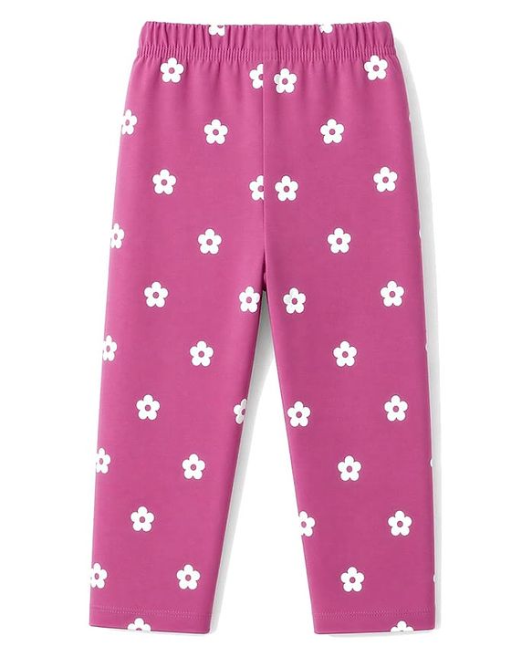 Babyhug 100% Cotton Knit Full Sleeves T-Shirt & Pyjama Night Suit Floral & Text Print - Dark Pink