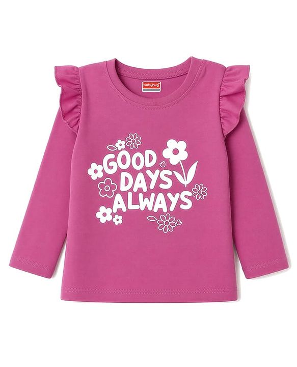 Babyhug 100% Cotton Knit Full Sleeves T-Shirt & Pyjama Night Suit Floral & Text Print - Dark Pink