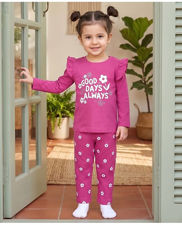 Babyhug 100% Cotton Knit Full Sleeves T-Shirt & Pyjama Night Suit Floral & Text Print - Dark Pink