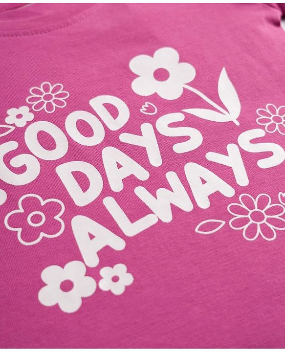 Babyhug 100% Cotton Knit Full Sleeves T-Shirt & Pyjama Night Suit Floral & Text Print - Dark Pink