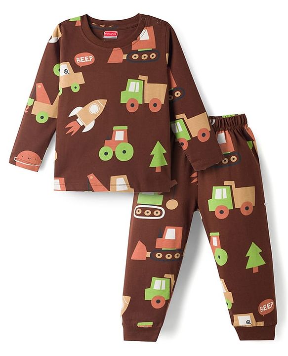 Babyhug Cotton Knit Full Sleeves Co Ord T-Shirt & Pyjama Night Suit Space Print - Brown