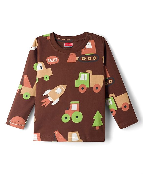 Babyhug Cotton Knit Full Sleeves Co Ord T-Shirt & Pyjama Night Suit Space Print - Brown