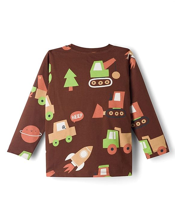 Babyhug Cotton Knit Full Sleeves Co Ord T-Shirt & Pyjama Night Suit Space Print - Brown