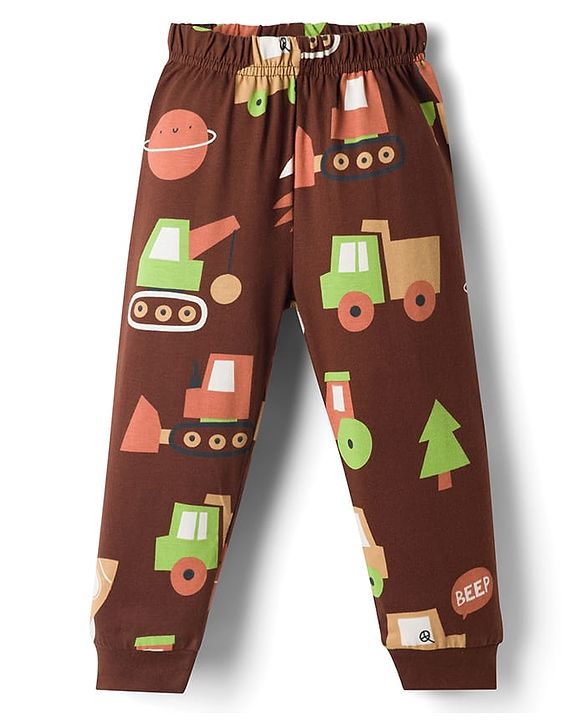 Babyhug Cotton Knit Full Sleeves Co Ord T-Shirt & Pyjama Night Suit Space Print - Brown