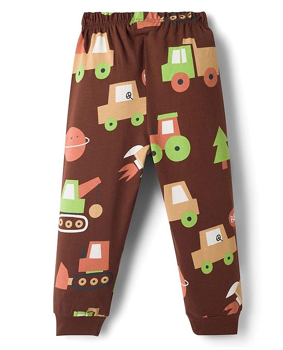 Babyhug Cotton Knit Full Sleeves Co Ord T-Shirt & Pyjama Night Suit Space Print - Brown