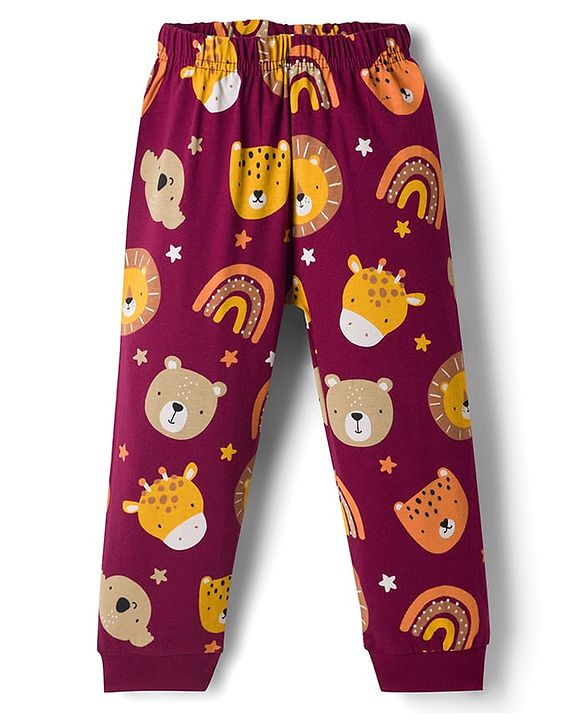 Babyhug 100% Cotton Knit Full Sleeves Co-Ords Animal Face Printed T-Shirt & Pyjama Night Suit - Brown