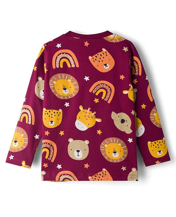 Babyhug 100% Cotton Knit Full Sleeves Co-Ords Animal Face Printed T-Shirt & Pyjama Night Suit - Brown