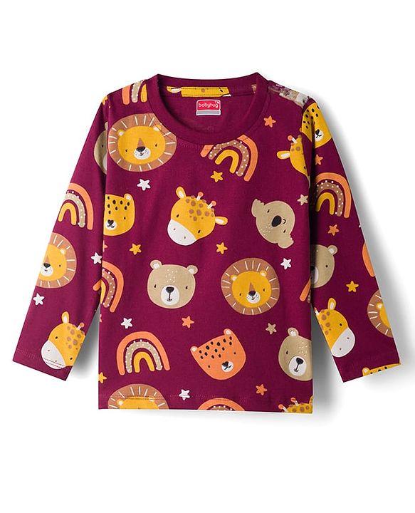Babyhug 100% Cotton Knit Full Sleeves Co-Ords Animal Face Printed T-Shirt & Pyjama Night Suit - Brown