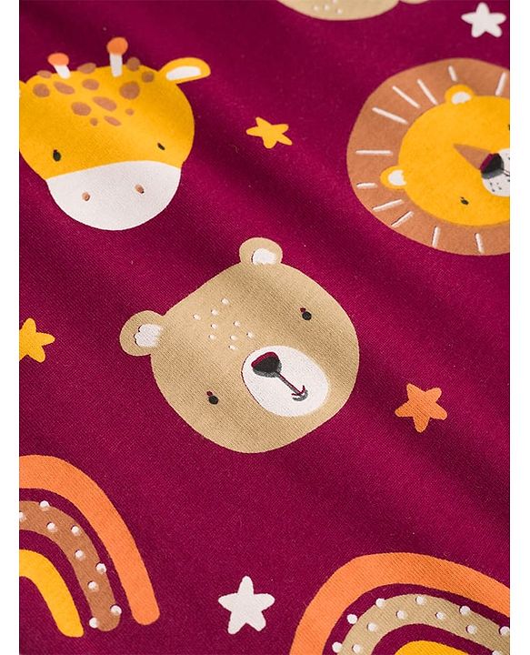 Babyhug 100% Cotton Knit Full Sleeves Co-Ords Animal Face Printed T-Shirt & Pyjama Night Suit - Brown