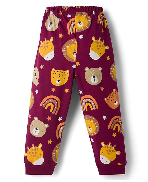 Babyhug 100% Cotton Knit Full Sleeves Co-Ords Animal Face Printed T-Shirt & Pyjama Night Suit - Brown