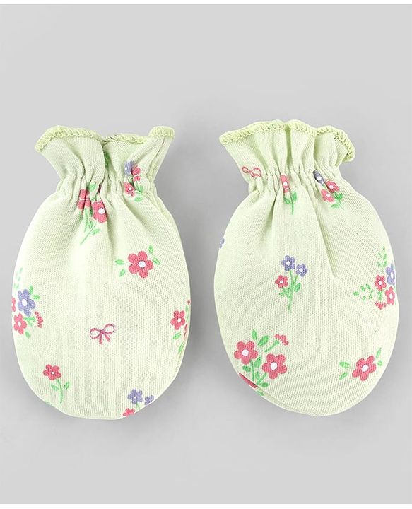 Babyhug 100% Cotton Interlock Knit Cap Mitten & Booties Set With Floral Print & Bow Applique Light Green - Diameter 15 cm