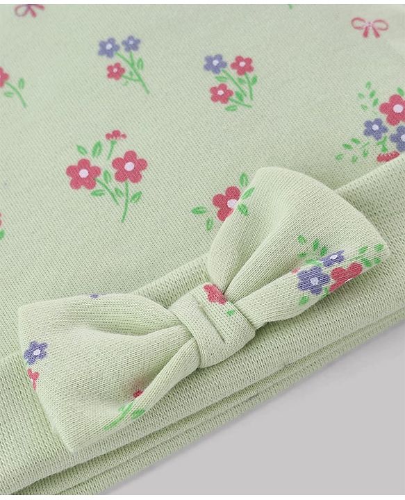 Babyhug 100% Cotton Interlock Knit Cap Mitten & Booties Set With Floral Print & Bow Applique Light Green - Diameter 15 cm