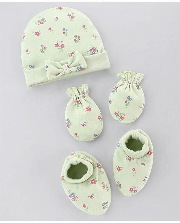 Babyhug 100% Cotton Interlock Knit Cap Mitten & Booties Set With Floral Print & Bow Applique Light Green - Diameter 15 cm