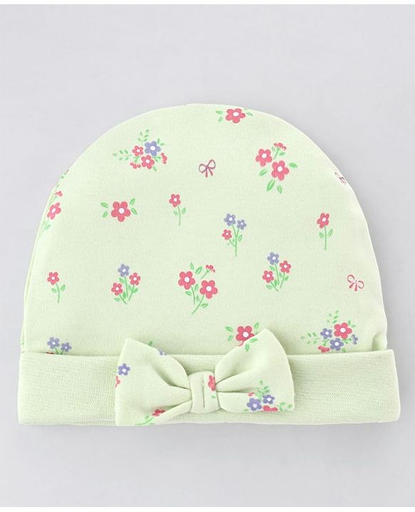 Babyhug 100% Cotton Interlock Knit Cap Mitten & Booties Set With Floral Print & Bow Applique Light Green - Diameter 15 cm
