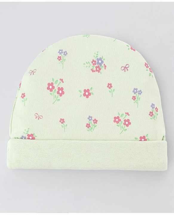Babyhug 100% Cotton Interlock Knit Cap Mitten & Booties Set With Floral Print & Bow Applique Light Green - Diameter 15 cm
