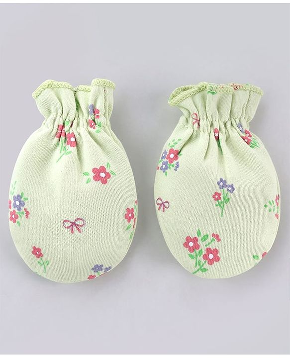 Babyhug 100% Cotton Interlock Knit Cap Mitten & Booties Set With Floral Print & Bow Applique Light Green - Diameter 15 cm