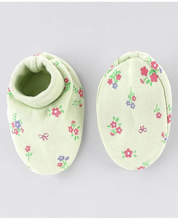 Babyhug 100% Cotton Interlock Knit Cap Mitten & Booties Set With Floral Print & Bow Applique Light Green - Diameter 15 cm