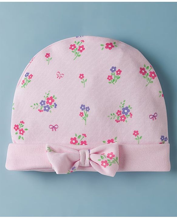 Babyhug 100% Cotton Interlock Knit Cap Mittens & Booties Set With Floral Print & Bow Applique Pink - Diameter 14