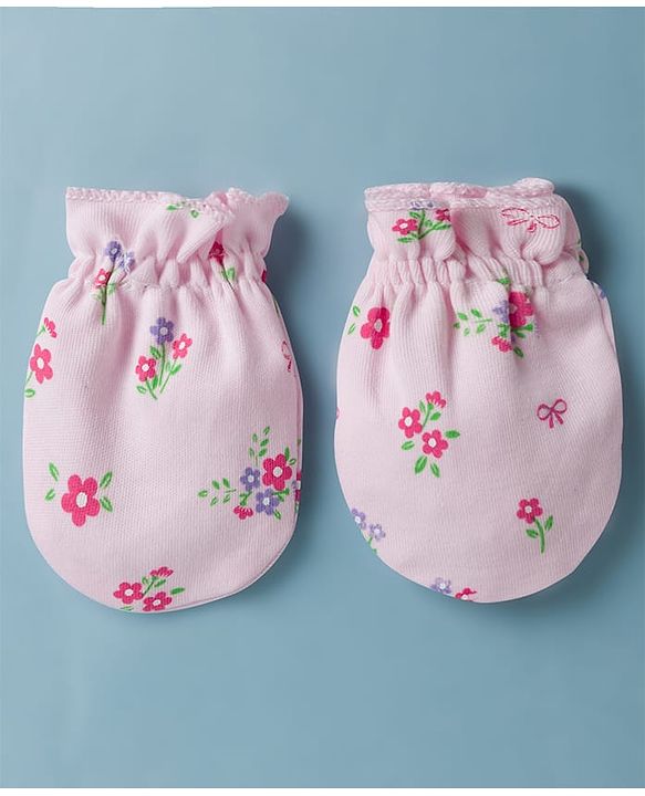 Babyhug 100% Cotton Interlock Knit Cap Mittens & Booties Set With Floral Print & Bow Applique Pink - Diameter 14