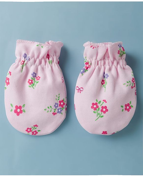 Babyhug 100% Cotton Interlock Knit Cap Mittens & Booties Set With Floral Print & Bow Applique Pink - Diameter 14