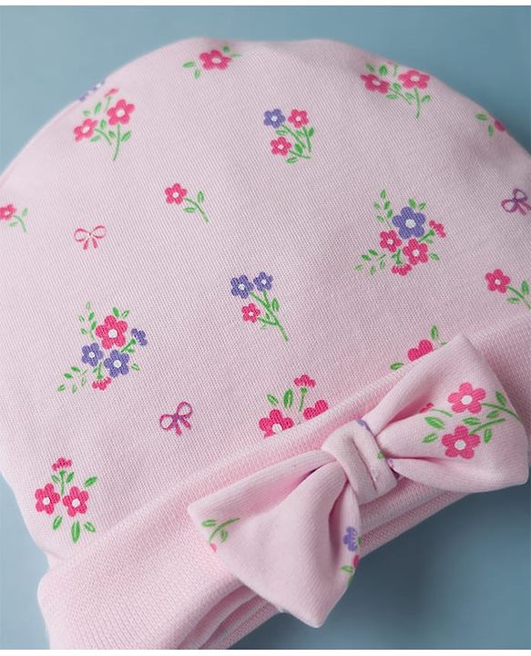Babyhug 100% Cotton Interlock Knit Cap Mittens & Booties Set With Floral Print & Bow Applique Pink - Diameter 14