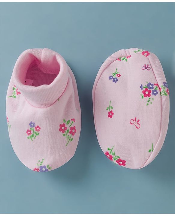 Babyhug 100% Cotton Interlock Knit Cap Mittens & Booties Set With Floral Print & Bow Applique Pink - Diameter 14