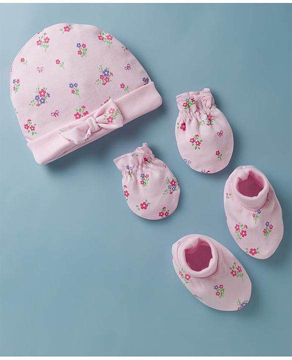 Babyhug 100% Cotton Interlock Knit Cap Mittens & Booties Set With Floral Print & Bow Applique Pink - Diameter 14