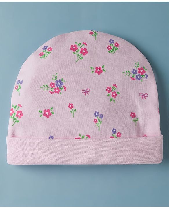 Babyhug 100% Cotton Interlock Knit Cap Mittens & Booties Set With Floral Print & Bow Applique Pink - Diameter 14