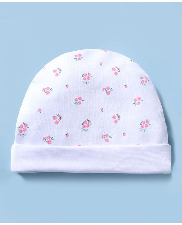 Babyhug 100% Cotton Knit Floral Printed Cap Mittens & Booties Set White - Diameter 15 cm
