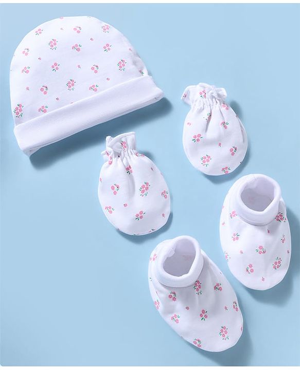 Babyhug 100% Cotton Knit Floral Printed Cap Mittens & Booties Set White - Diameter 15 cm