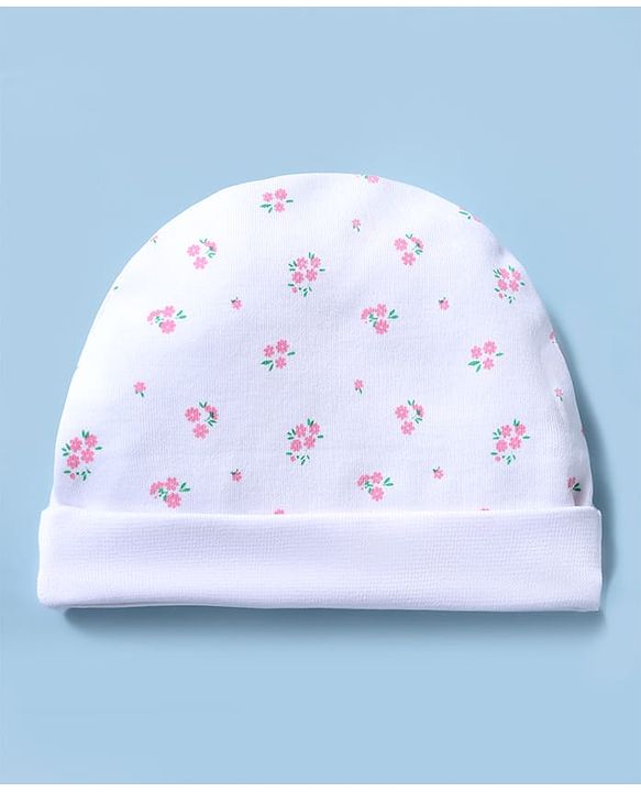 Babyhug 100% Cotton Knit Floral Printed Cap Mittens & Booties Set White - Diameter 15 cm