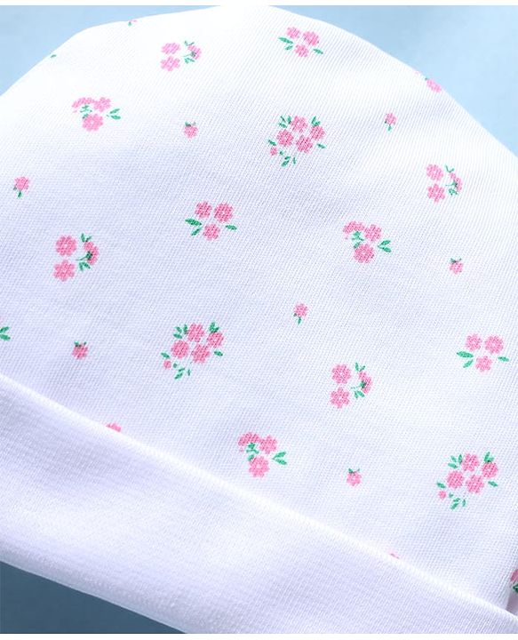 Babyhug 100% Cotton Knit Floral Printed Cap Mittens & Booties Set White - Diameter 15 cm